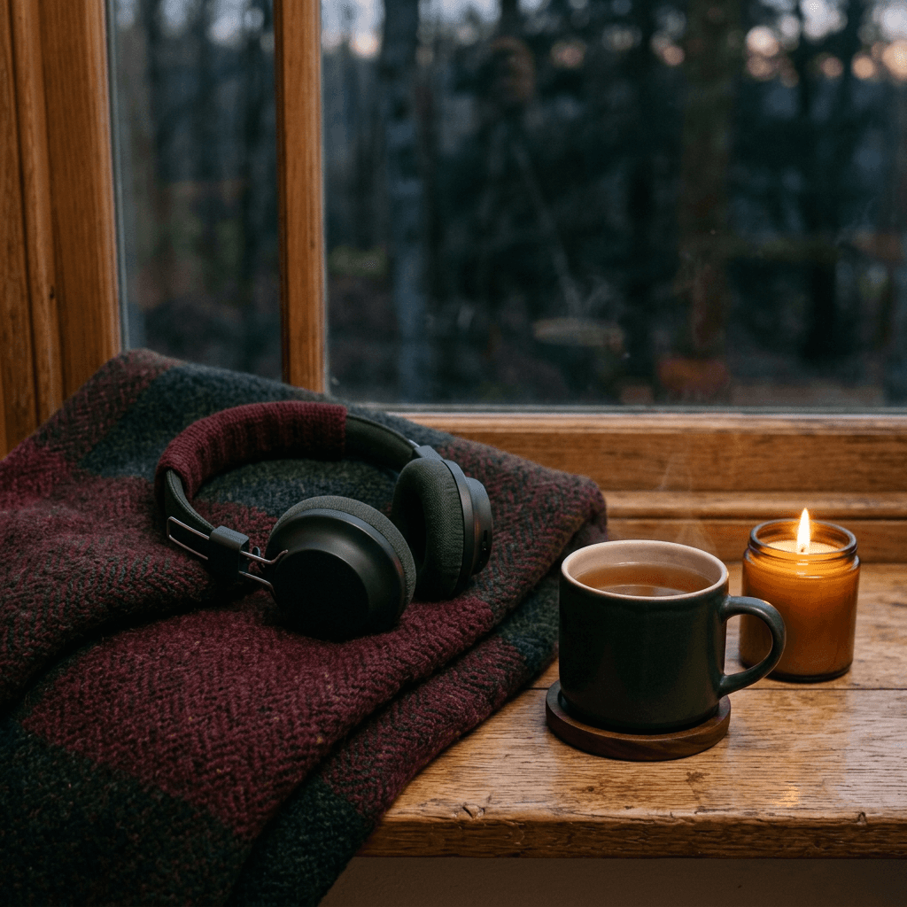 Headphones resting on a folded blanket beside a cup of tea and a candle