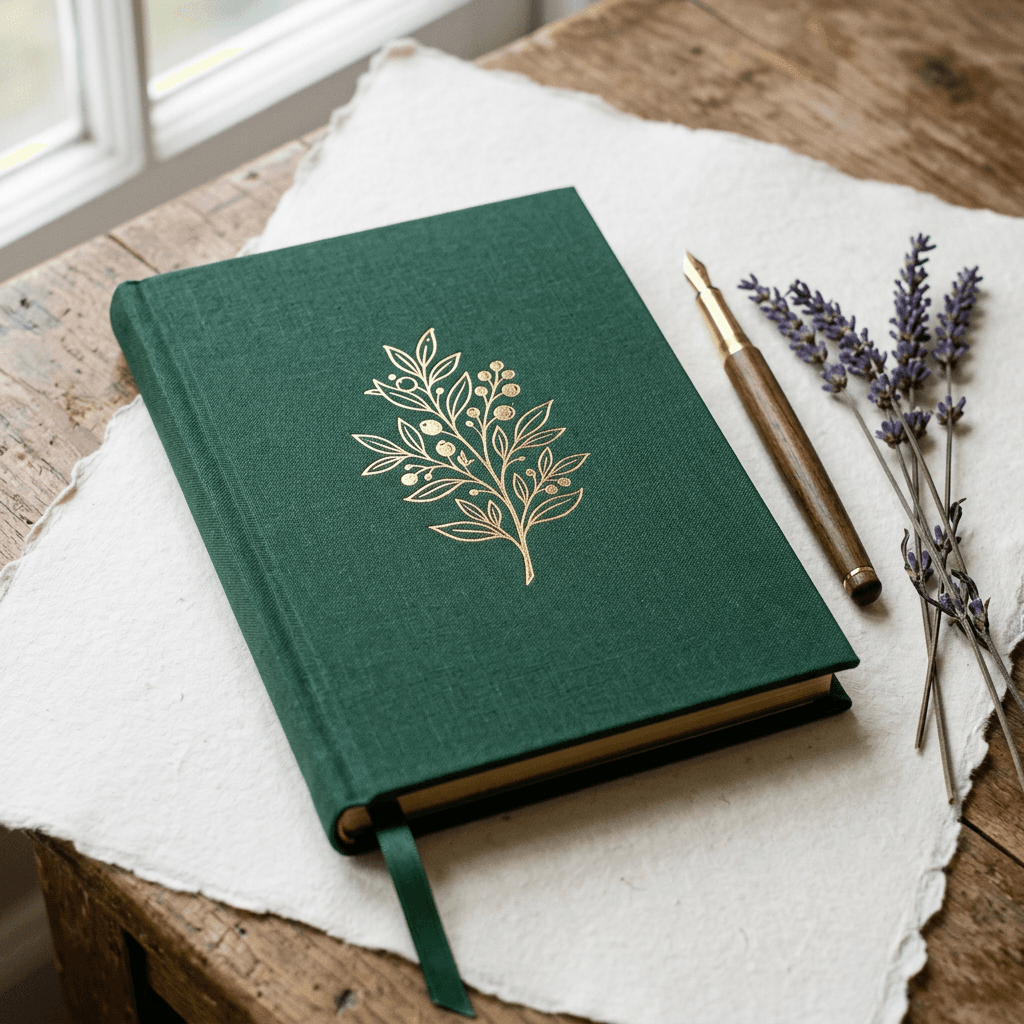 A cloth-bound journal with a pen and a sprig of dried lavender on a wooden desk