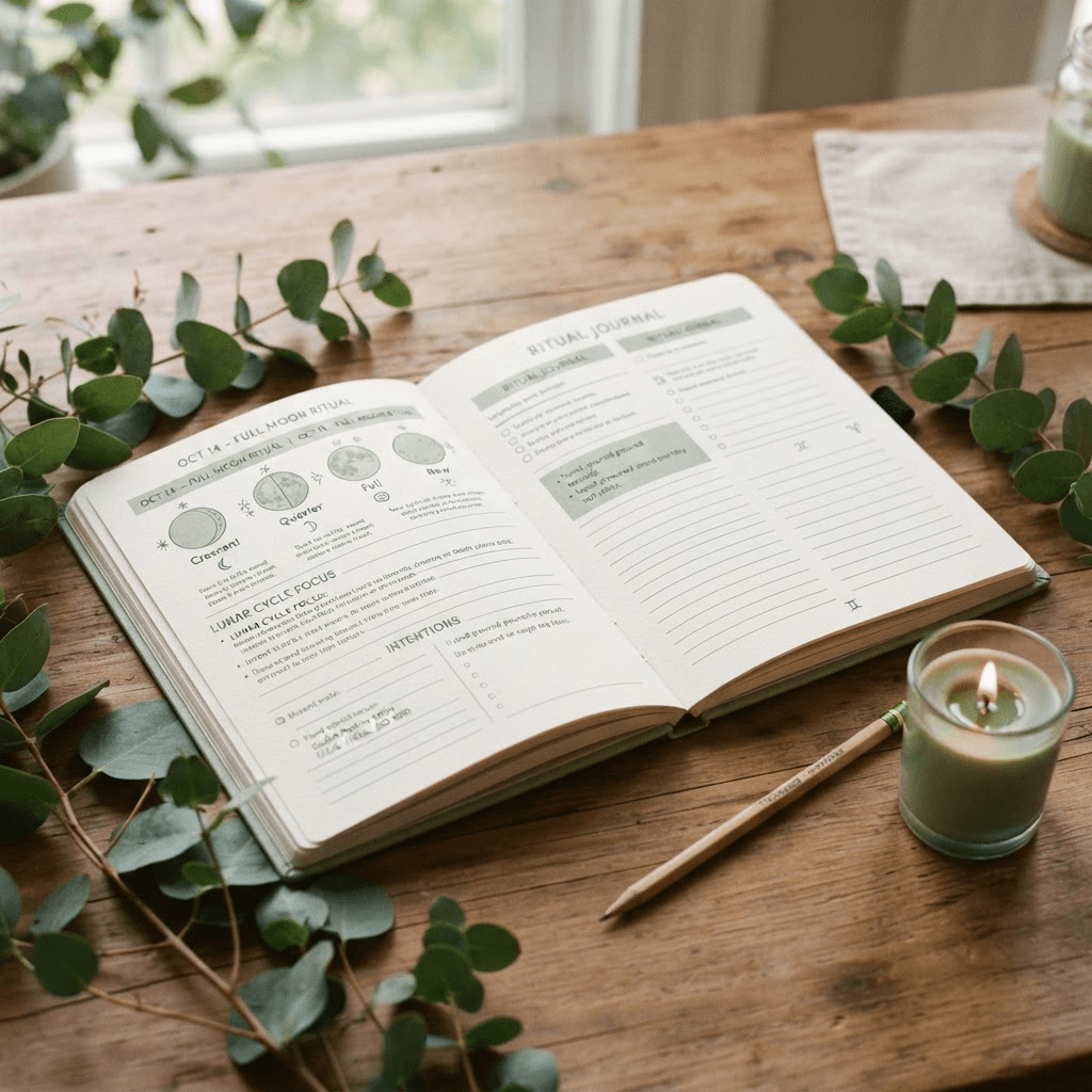 An open planner with handwritten notes beside a candle and dried flowers