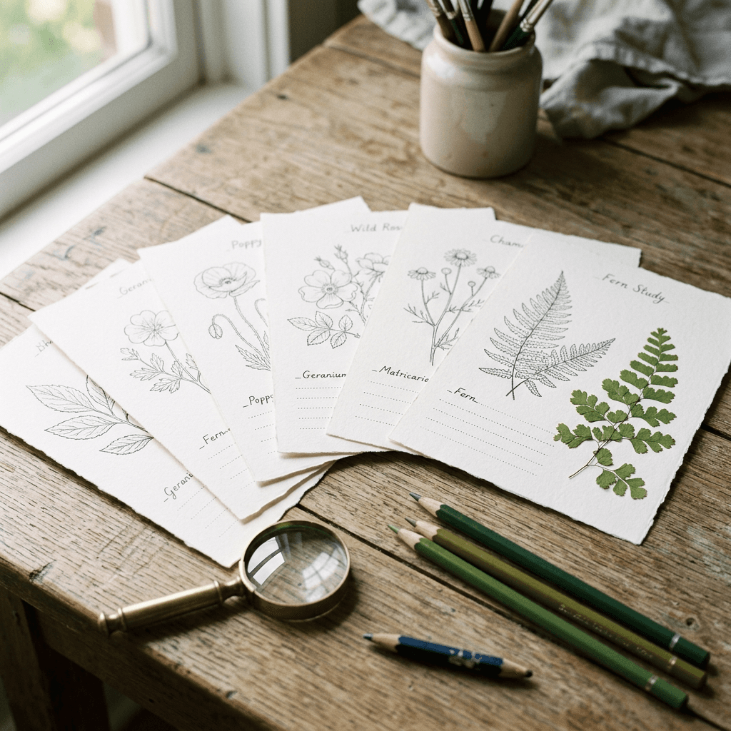 A botanical sketch of a herb on cream paper with pencils and a magnifying glass